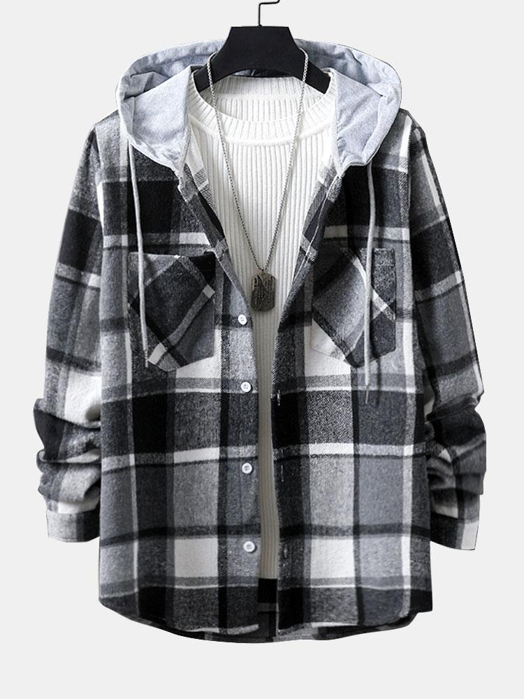 Long Sleeve Hooded Flannel Plaid Overshirt