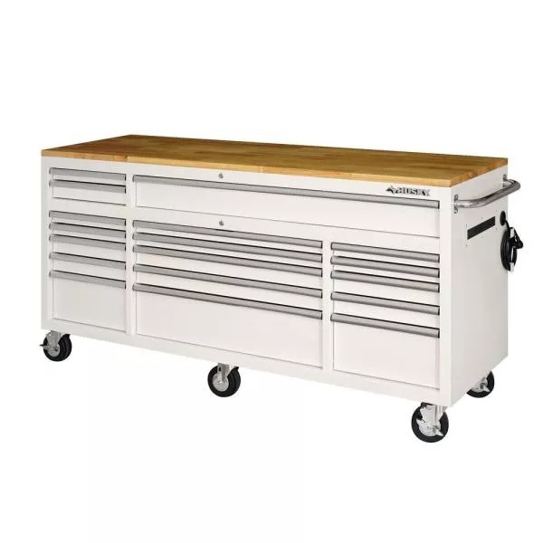 72 IN. 18-DRAWER MOBILE WORKBENCH WITH SOLID WOOD TOP IN GLOSS WHITE