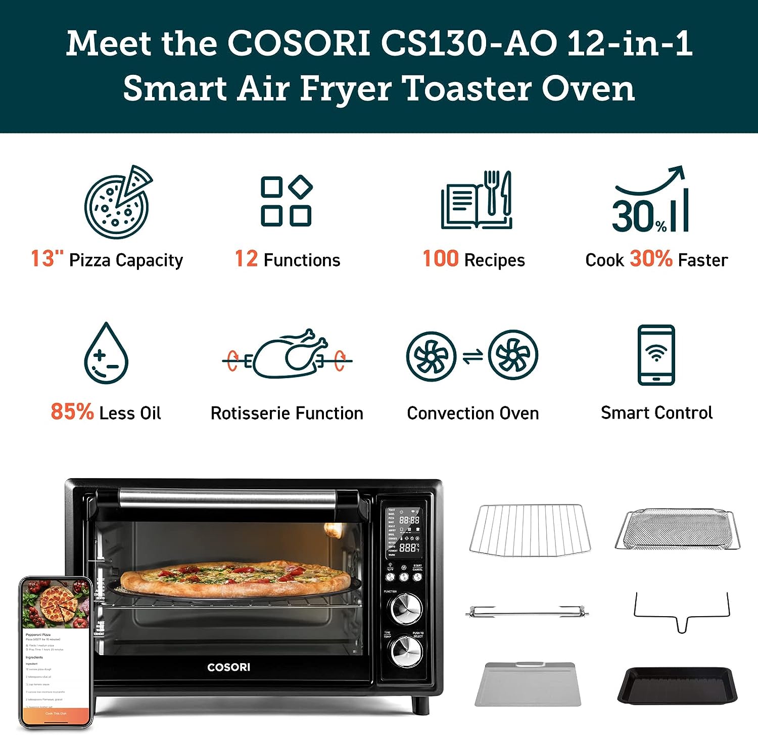 COSORI Air Fryer Toaster Oven Combo 12 Functions Smart 30L Large Countertop Dehydrator 13" Pizza, 100 Recipes & 6 Accessories Included, Works with Alexa CS130-AO, WiFi-Black