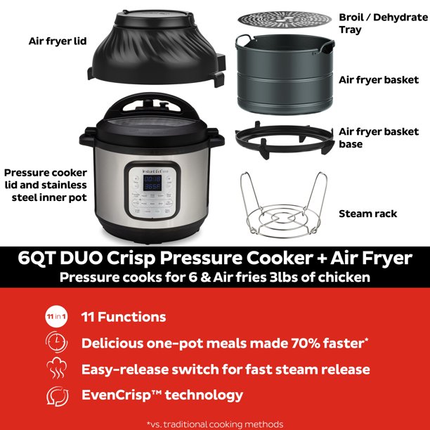 Instant Pot, 6-Quart Duo Crisp, Air Fryer+ Multi-Use Small Pressure Cooker to Roast Bake, Dehydrate & Mehr