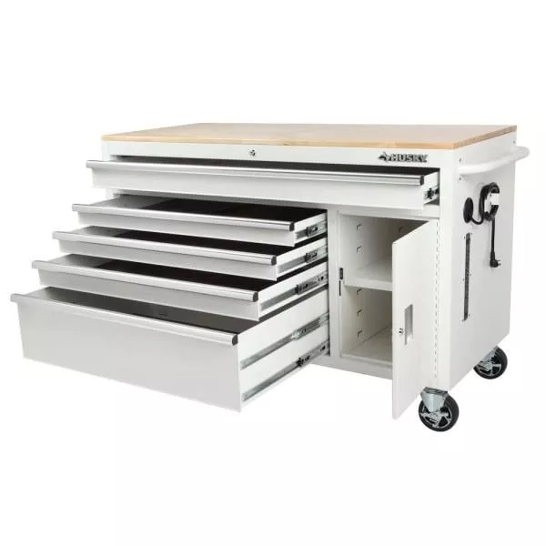 56 IN. W 5-DRAWER 1-DOOR, DEEP TOOL CHEST MOBILE WORKBENCH IN GLOSS WHITE WITH HARDWOOD TOP