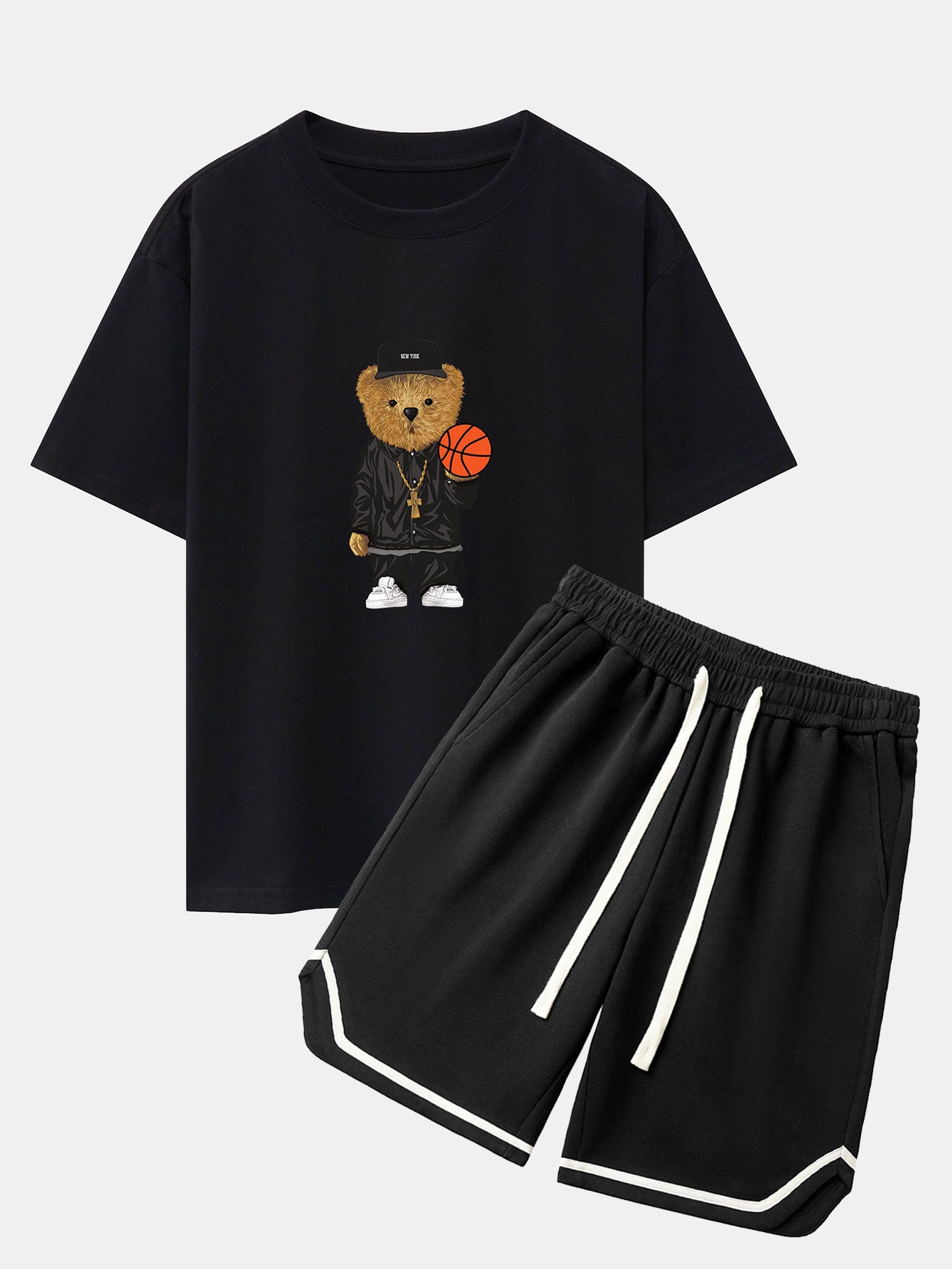 Basketball Bear Print Drop Shoulder Oversize T-Shirt & Jersey Basketball Shorts