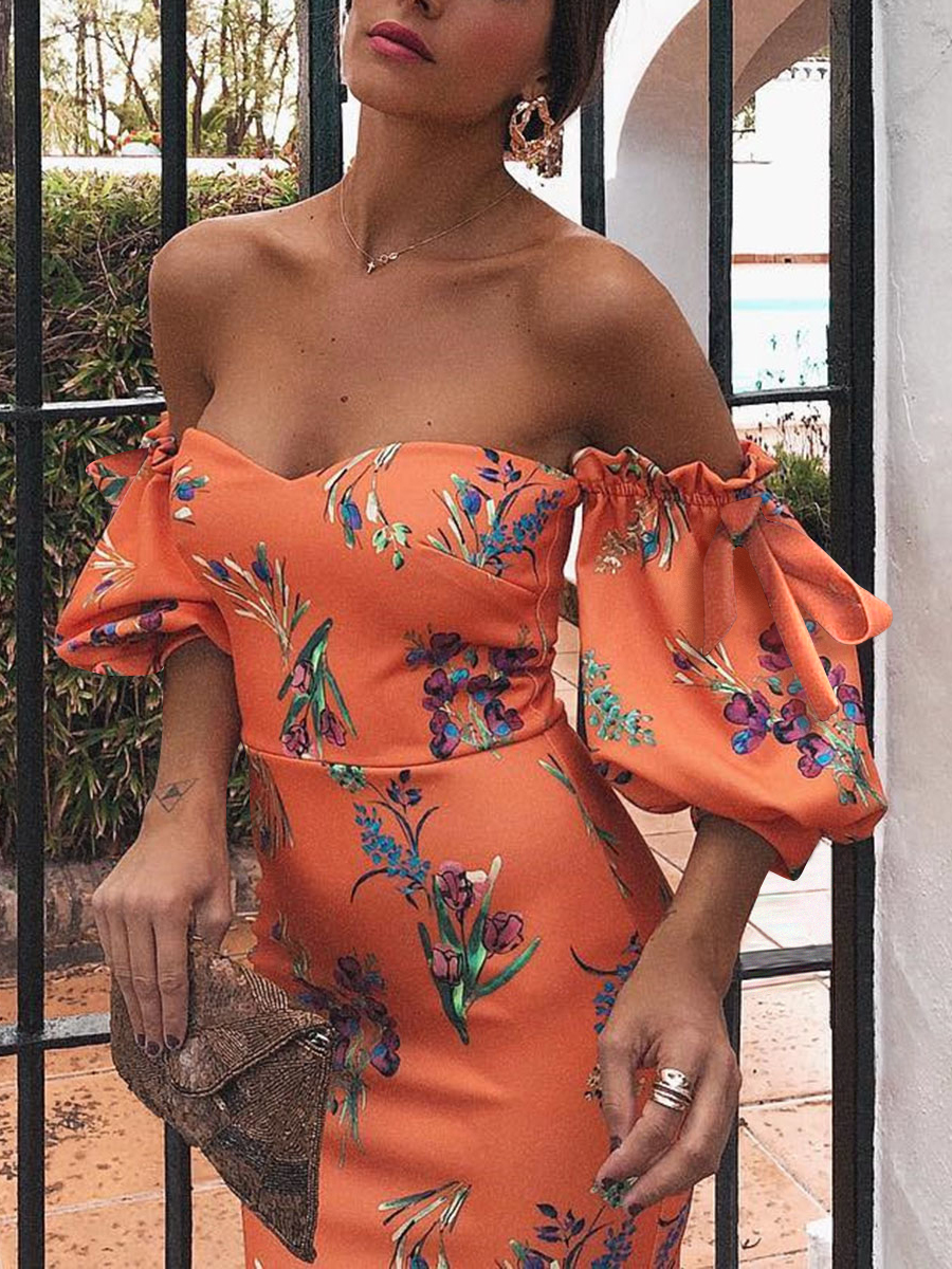 Sexy Orange Red Off Shoulder Floral Print Bodycon Dress