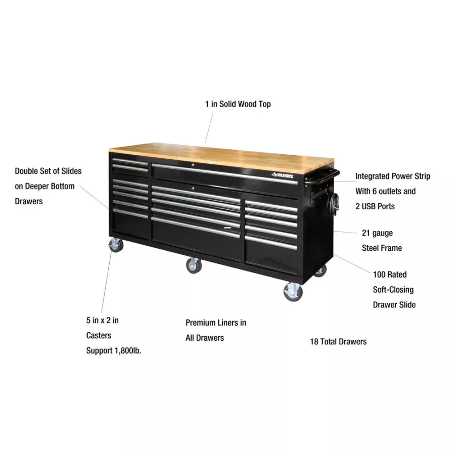 72 IN. 18-DRAWER MOBILE WORKBENCH WITH SOLID WOOD TOP, BLACK