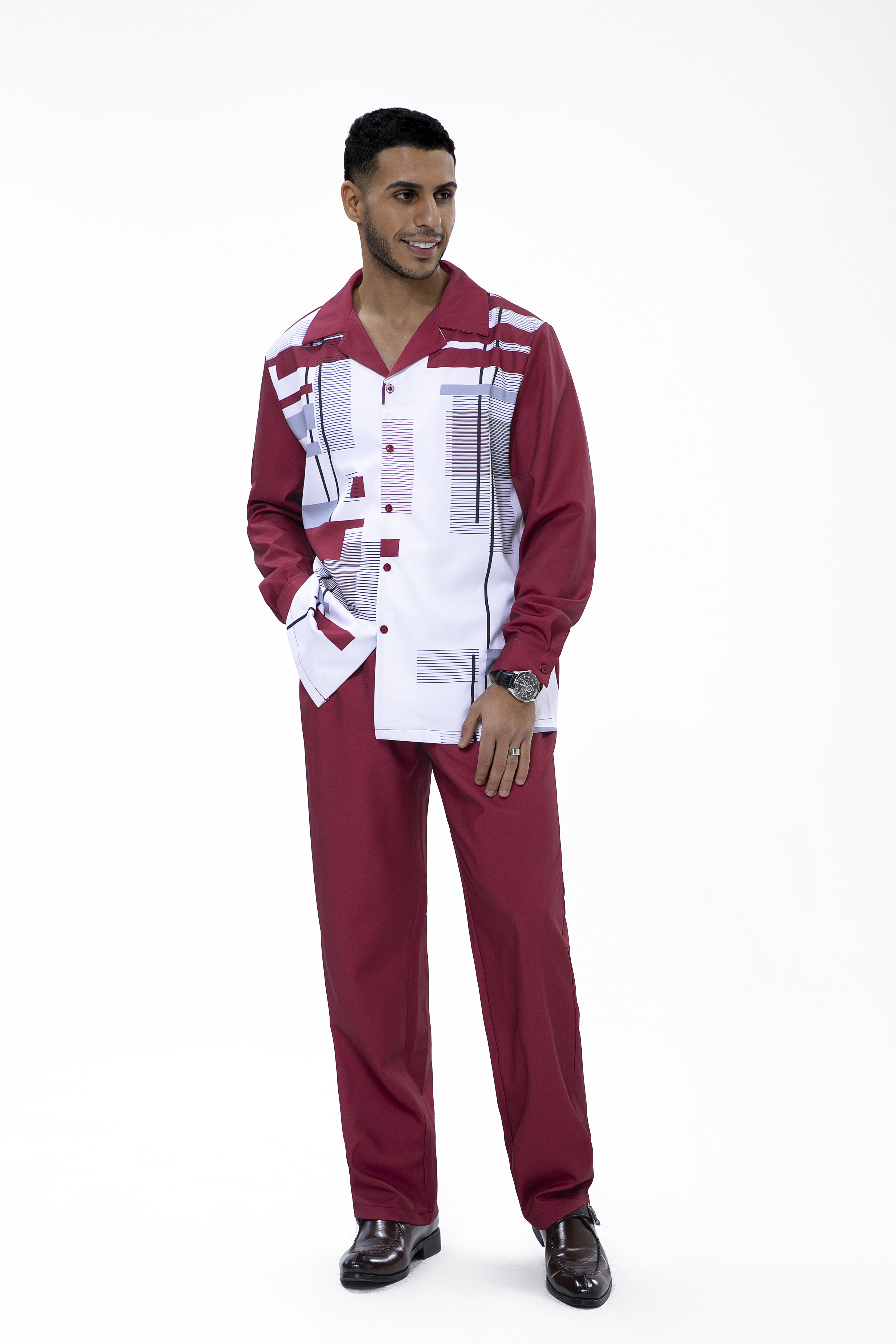 Suitmens Burgundy Geometric Print Walking Suit 2 Piece LongSleeve Set